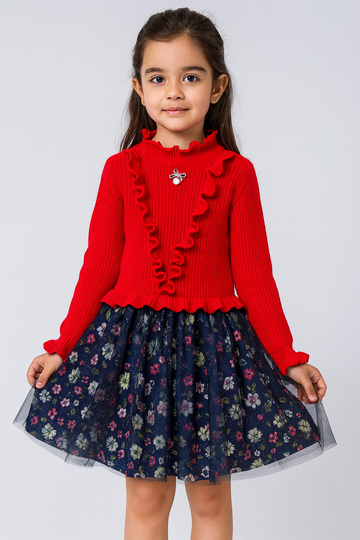 Girls Red Knitted Top with Navy Blue Floral Tulle Skirt Dress – Winter Party Outfit with Ruffled Design & Full Sleeves - Inayah Fashion