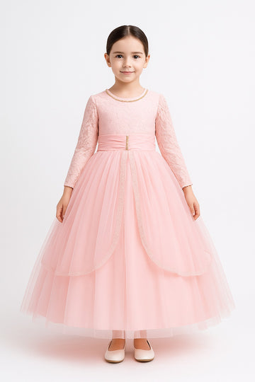 Elegant Pink Long-Sleeve Lace and Tulle Party Gown for Girls |