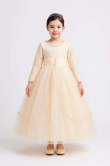 Elegant Champagne Full Sleeve Gown for Girls – Lace & Tulle Party Dress