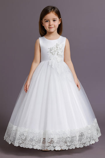 Royal White Princess Gown with Floral Appliqué and Scalloped Lace Hem