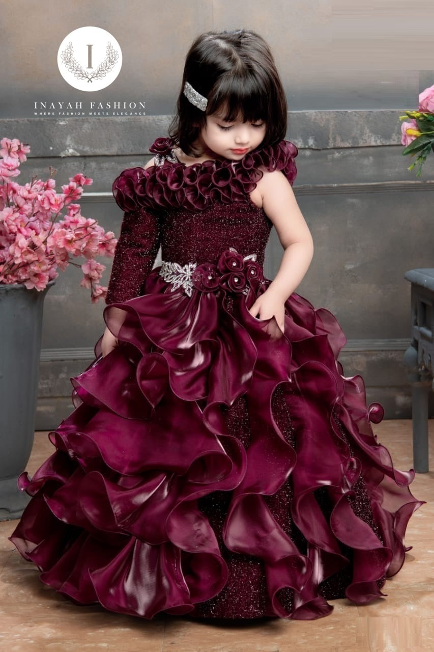 Fashion Party Wear Gown For Girl Images Designer Maroon Layered
