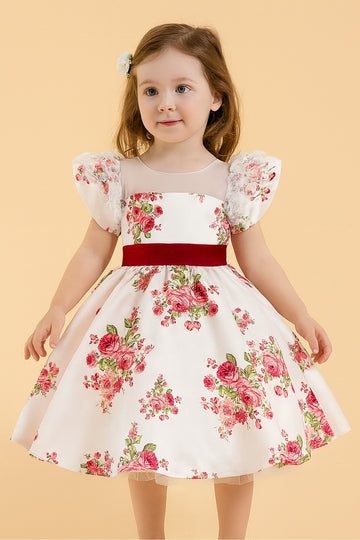 Elegant White Floral Party Frock with Puff Sleeves & Red Waistband
