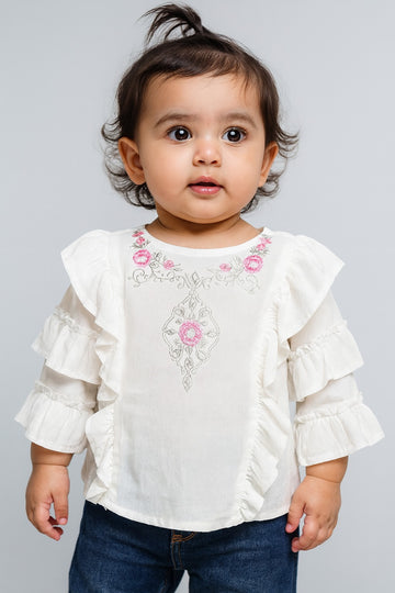Girls White Ruffle Sleeve Top with Embroidery – Casual & Festive Wear