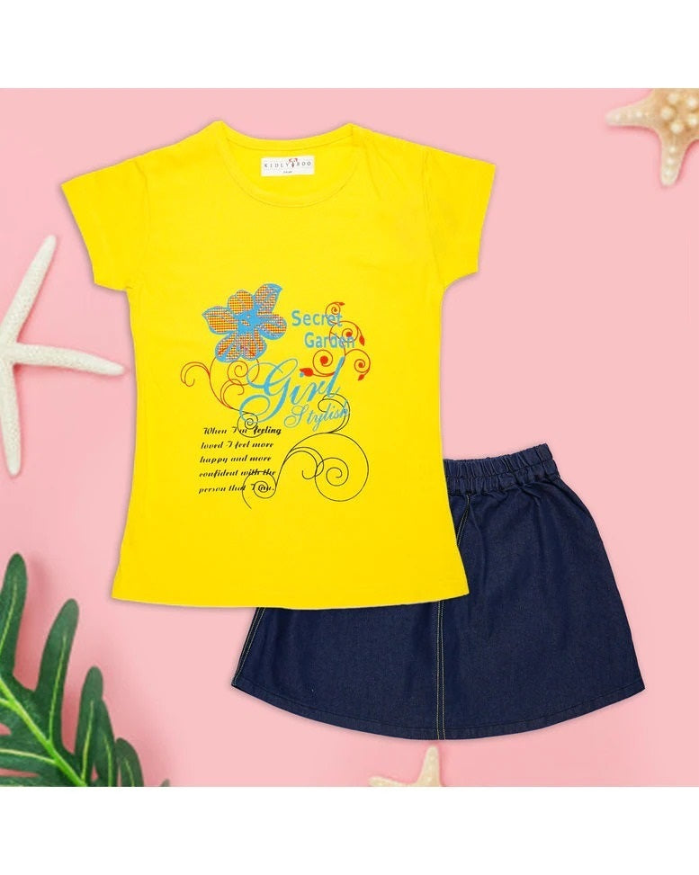 Secret Garden” Yellow Printed Top with Navy Denim Skirt – 2-Piece Girls' Casual Outfit - Inayah Fashion