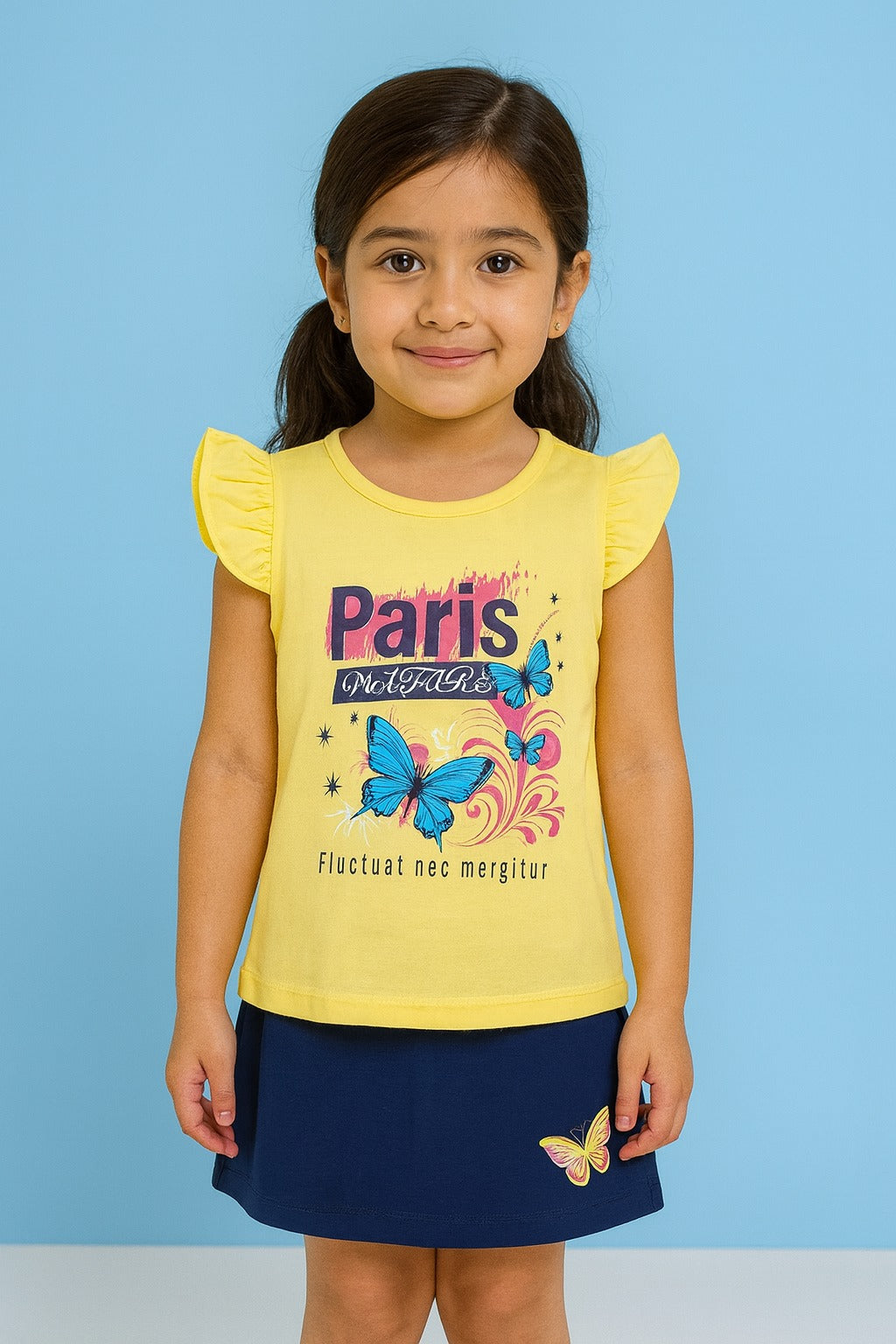 Paris Nature Butterfly Co-ord Set – Yellow Top with Navy Skirt - Inayah Fashion