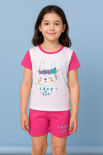 Girls' Pink Bunny Print Cotton Night Suit Set