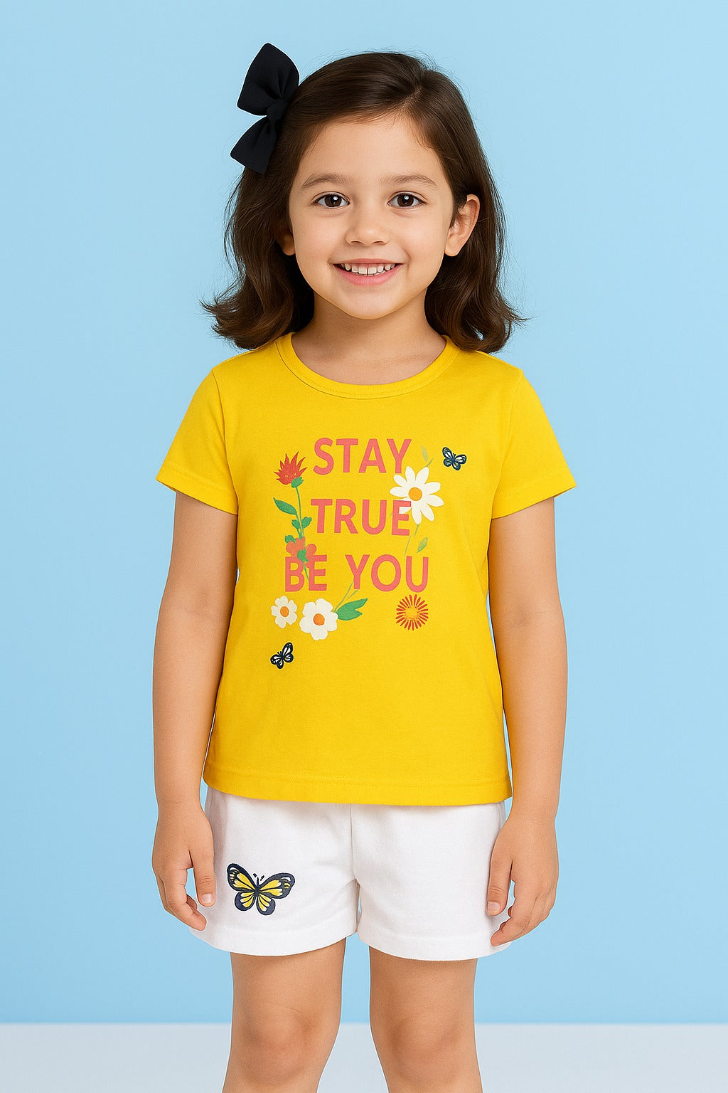 Yellow Floral T-Shirt with White Butterfly Shorts - Inayah Fashion