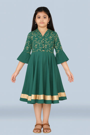 Green Flared Ethnic Dress with Gold Embroidery & Border for Girls