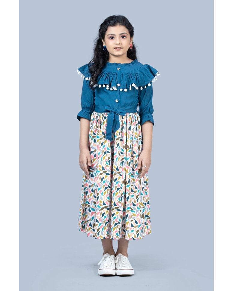 Girls Teal Blue & Multicolor Printed Dress with Pom-Pom Detail - Inayah Fashion