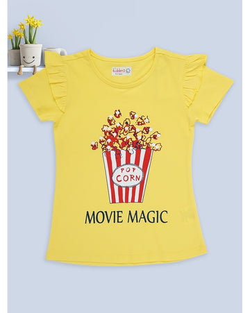 Movie Magic Yellow Popcorn Print Ruffle Sleeve T-Shirt – Casual Summer Top for Girls