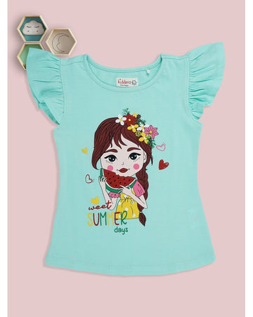 Sweet Summer Days Aqua Blue Ruffle Sleeve T-Shirt – Watermelon Print Top for Girls