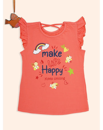 Make Life Happy Coral Pink Ruffle Sleeve Top – Cheerful Summer T-Shirt for Girls