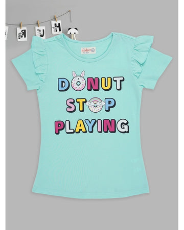 Donut Stop Playing Aqua Blue Ruffle Sleeve T-Shirt – Fun Graphic Tee for Girls