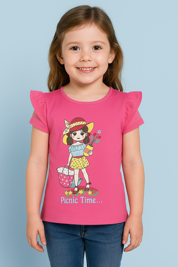 Pink “Picnic Girl” Sleeveless Frill Top for Girls – Cartoon Print Cotton Tee