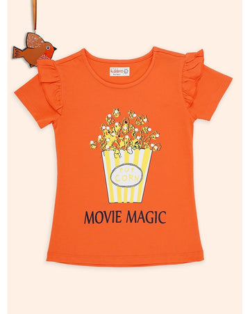 Movie Magic Popcorn Print Orange Ruffle Sleeve T-Shirt – Casual Summer Top for Girls