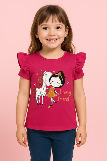 Magenta “Lovely Friend” Frill Sleeve Top for Girls – Unicorn & Girl Graphic Tee