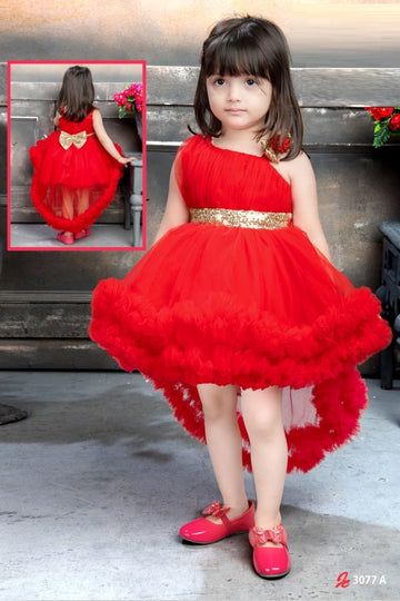 Red Ruffle Princess High-Low Gown – Golden Bow Party Dress