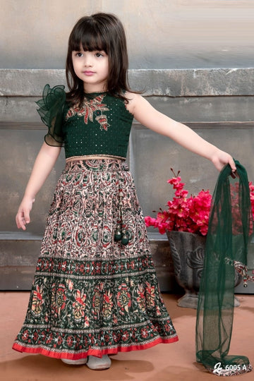 Girls’ Ethnic Green & Beige Printed Lehenga Choli Set - Inayah Fashion