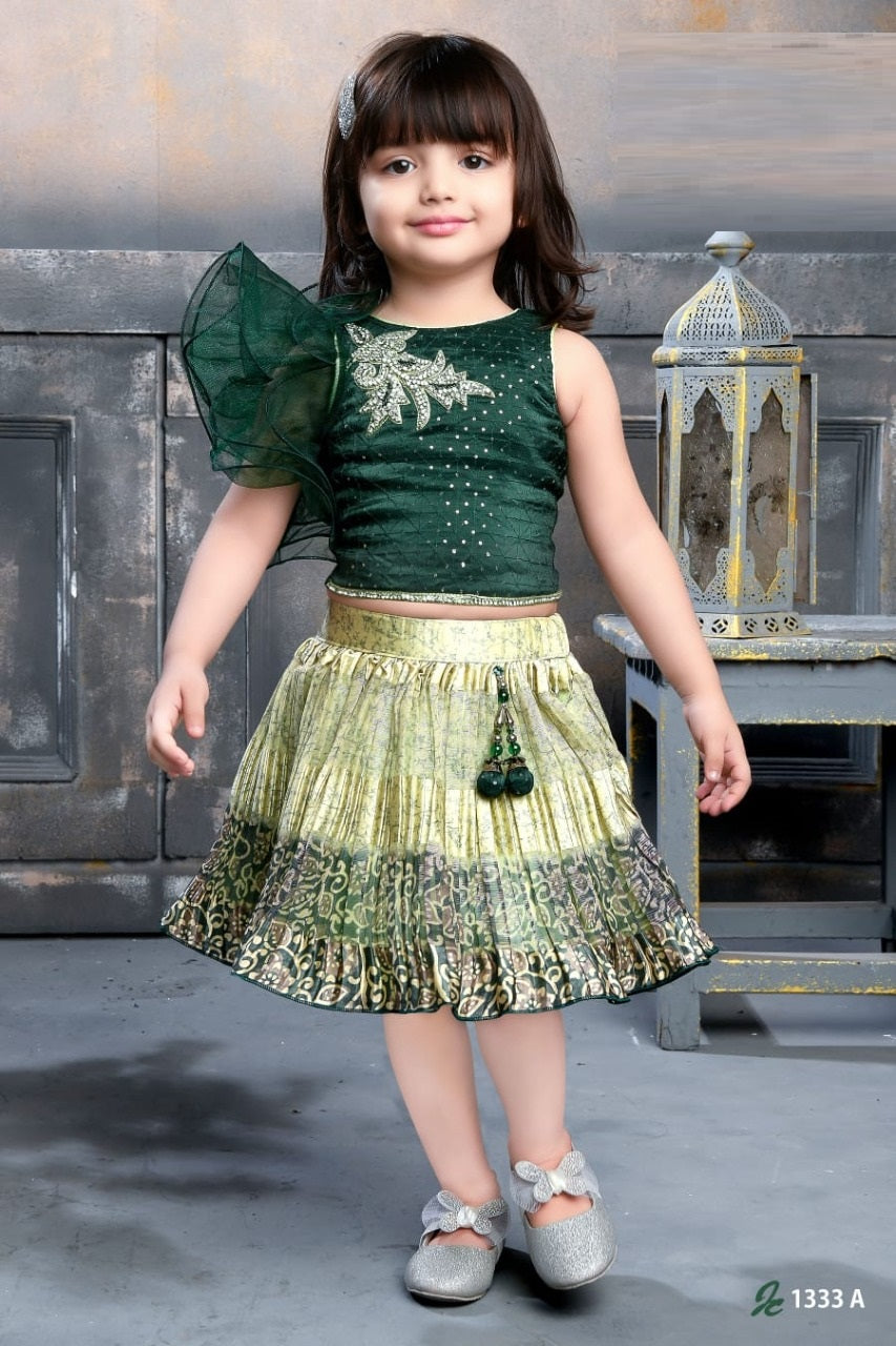 Girls Green Designer Top with Golden Printed Skirt – Festive Wear Set - Inayah Fashion