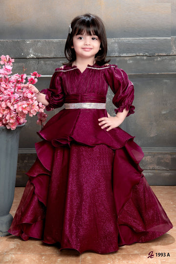 Wine Burgundy Layered Gown for Girls – Shimmer Partywear Dress with Puff Sleeves