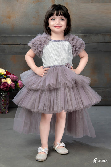 Stylish High-Low Ruffle Dress in Smokey Lavender for Girls