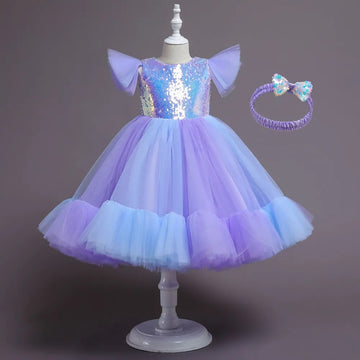 Lavender & Blue Sequin Princess Party Gown with Matching Headband – Kids Birthday Dress