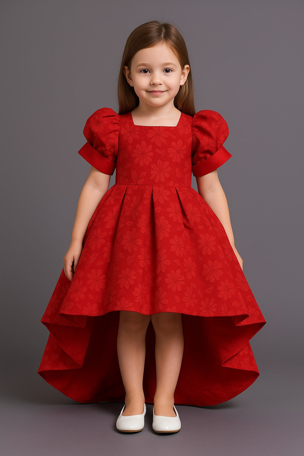 Classic Red High-Low Party Gown for Girls – Puff Sleeve Floral Jacquard Dress - Inayah Fashion