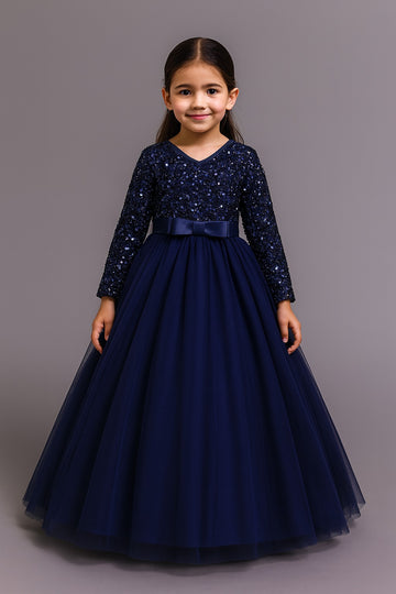 Girls Navy Blue Sequin Gown – Full-Length Long Sleeve Party Dress with Tulle Skirt