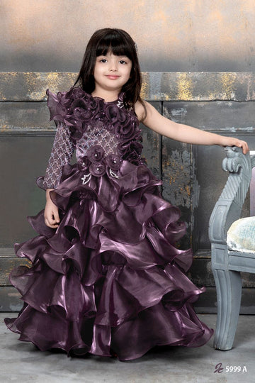 Royal Purple Ruffle Ball Gown for Girls with Floral Detailing