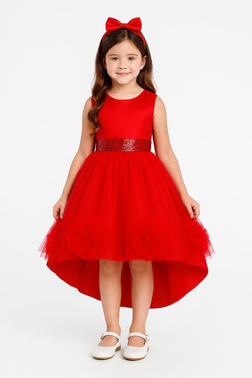 Red High-Low Net Party Dress for Girls – Sleeveless Gown with Sequin Waist & Pom-Pom Hem