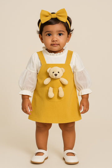 Mustard Corduroy Teddy Pocket Jumper Dress with White Puff Sleeve Inner – 2-Piece Girls' Outfit