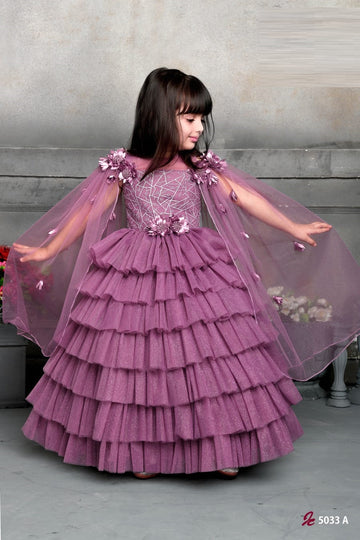 Layered Ruffle Gown with 3D Floral Cape for Girls – Glitter Mesh Sleeveless Party Dress