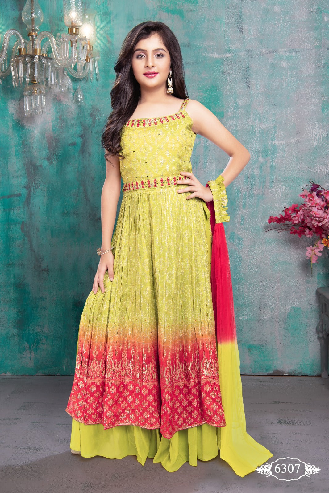 Elegant Ombre Green Red Anarkali Gown with Dupatta for Girls
