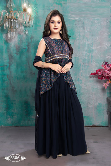 Navy Blue Designer Peplum Palazzo Set for Girls – Elegant Ethnic Partywear with Dupatta