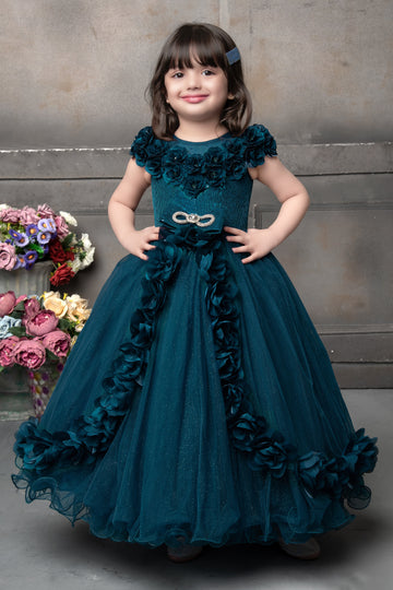 Royal Teal Floral Ball Gown for Girls – 3D Flower Embellished Bodice with Glitter Tulle Skirt & Waist Brooch
