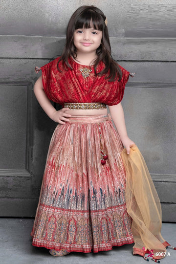 Red & Beige Designer Lehenga Choli for Girls – Elegant Partywear Outfit with Printed Skirt & Dupatta