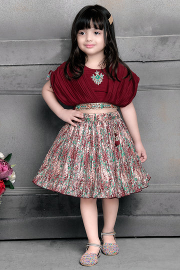 Maroon Designer Crop Top and Skirt Set for Girls – Festive Partywear with Embellished Belt