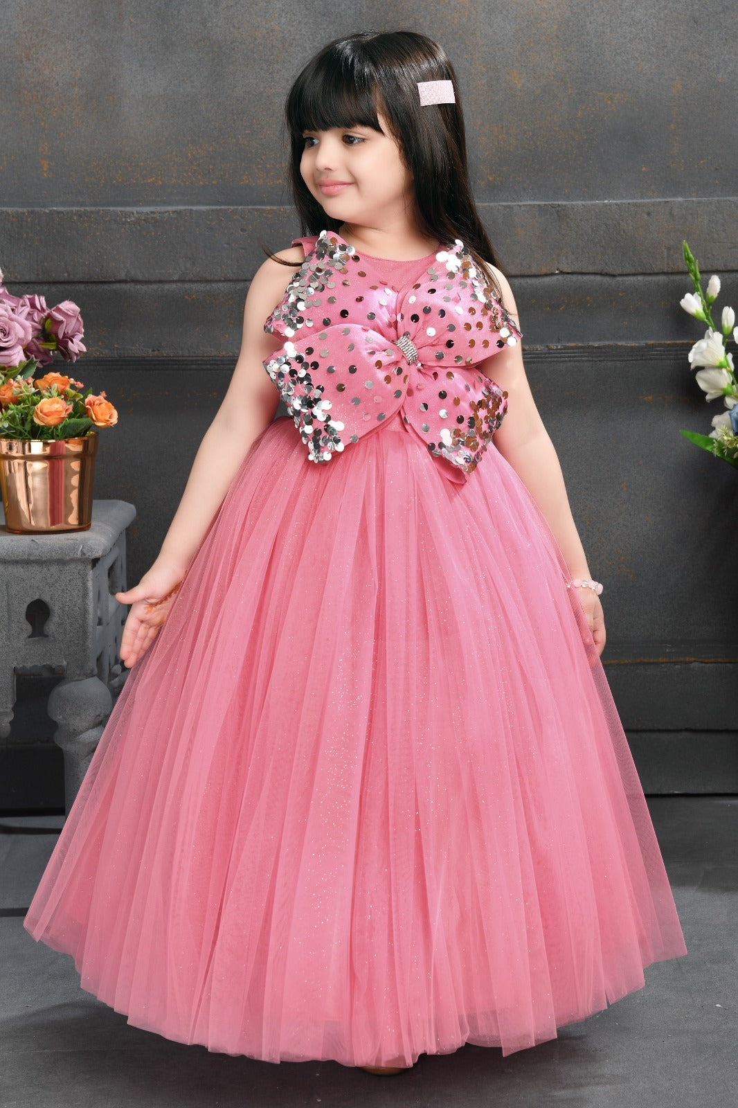 Pink Net Gown for Girls with Sequin Bow – Birthday Party Dress