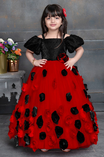 Red & Black Rose Embellished Ball Gown