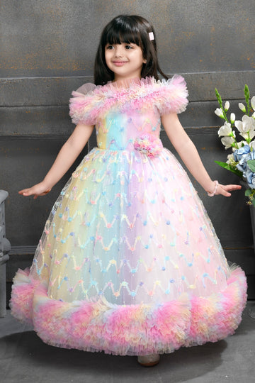 Rainbow Ruffle Gown for Girls – Partywear Long Dress with Flowers