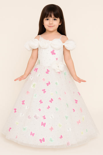 White Butterfly Gown for Girls – Off-Shoulder Sparkle Party Dress with 3D Floral Detail