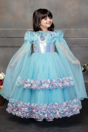 Aqua Blue Princess Gown with 3D Floral Embellishments and Sequin Bodice