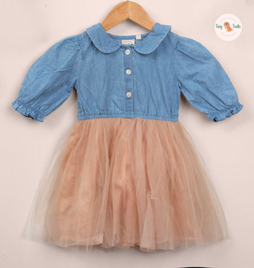 Girls Denim Top with Peach Tulle Skirt Dress – Button-Down Party & Casual Wear Outfit with Puff Sleeves and Peter Pan Collar