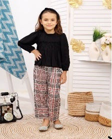 Girls Black Long Sleeve Top with Printed Palazzo Pants – Stylish Two-Piece Party & Casual Outfit Set