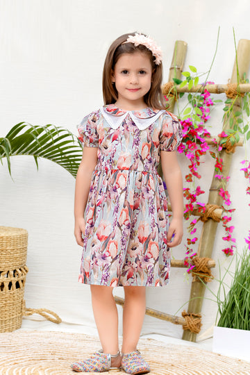 Girls Floral Printed Cotton Dress with White Peter Pan Collar – Puff Sleeve Casual & Party Outfit – Elegant Summer Wear