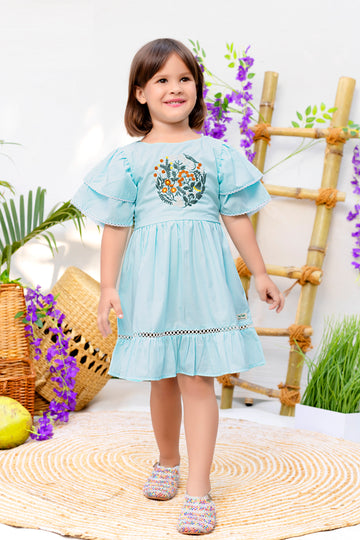 Girls Light Blue Cotton Embroidered Party Dress with Floral Design – Layered Bell Sleeves & Ruffled Hem – Elegant Summer & Birthday Outfit