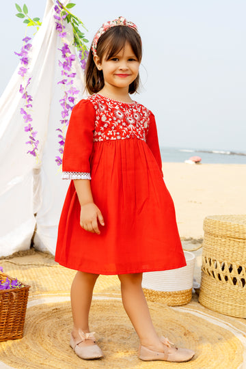 Girls Red Cotton Embroidered Party Dress with Floral White Thread Work – 3/4th Sleeve Knee-Length Festive Outfit with Lace Detailing