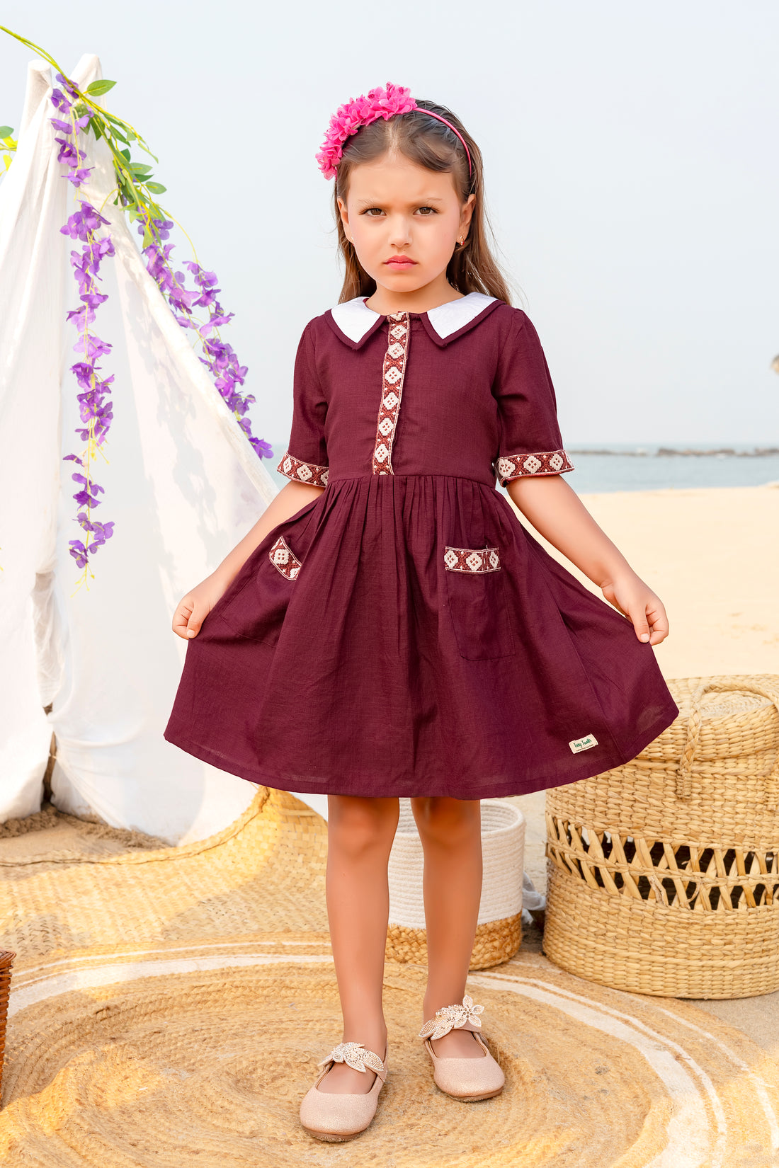 Premium Maroon Cotton Casual Dress for Girls with White Peter Pan Collar & Ethnic Embroidered Accents – Everyday Comfort Frock with Pockets - Inayah Fashion