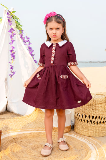 Premium Maroon Cotton Casual Dress for Girls with White Peter Pan Collar & Ethnic Embroidered Accents – Everyday Comfort Frock with Pockets