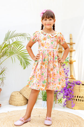 Floral Cotton Frock for Girls – Pink Summer Dress with Peter Pan Collar & Puff Sleeves